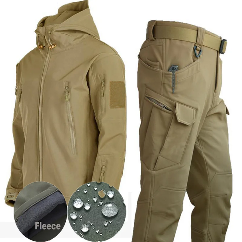 

Winter Autumn Tactical Elastic Men Fleece Jackets Waterproof Suit Fishing Warm Hiking Camping Tracksuits Set Hood Coat Thermal