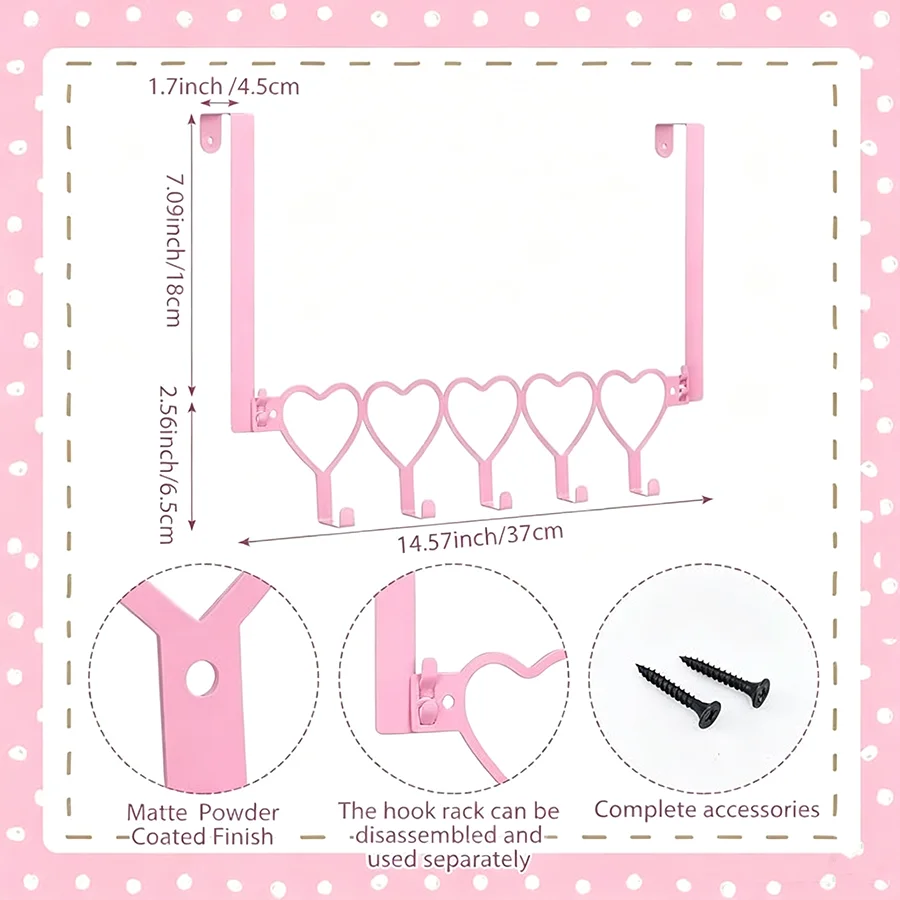 1 Stück Rosa Herz-Türhaken, Wandhalterung, Handtuchhalter, Türhalter-Organizer, 5 Haken, abnehmbare Eisenbogenhaken – Detail 6