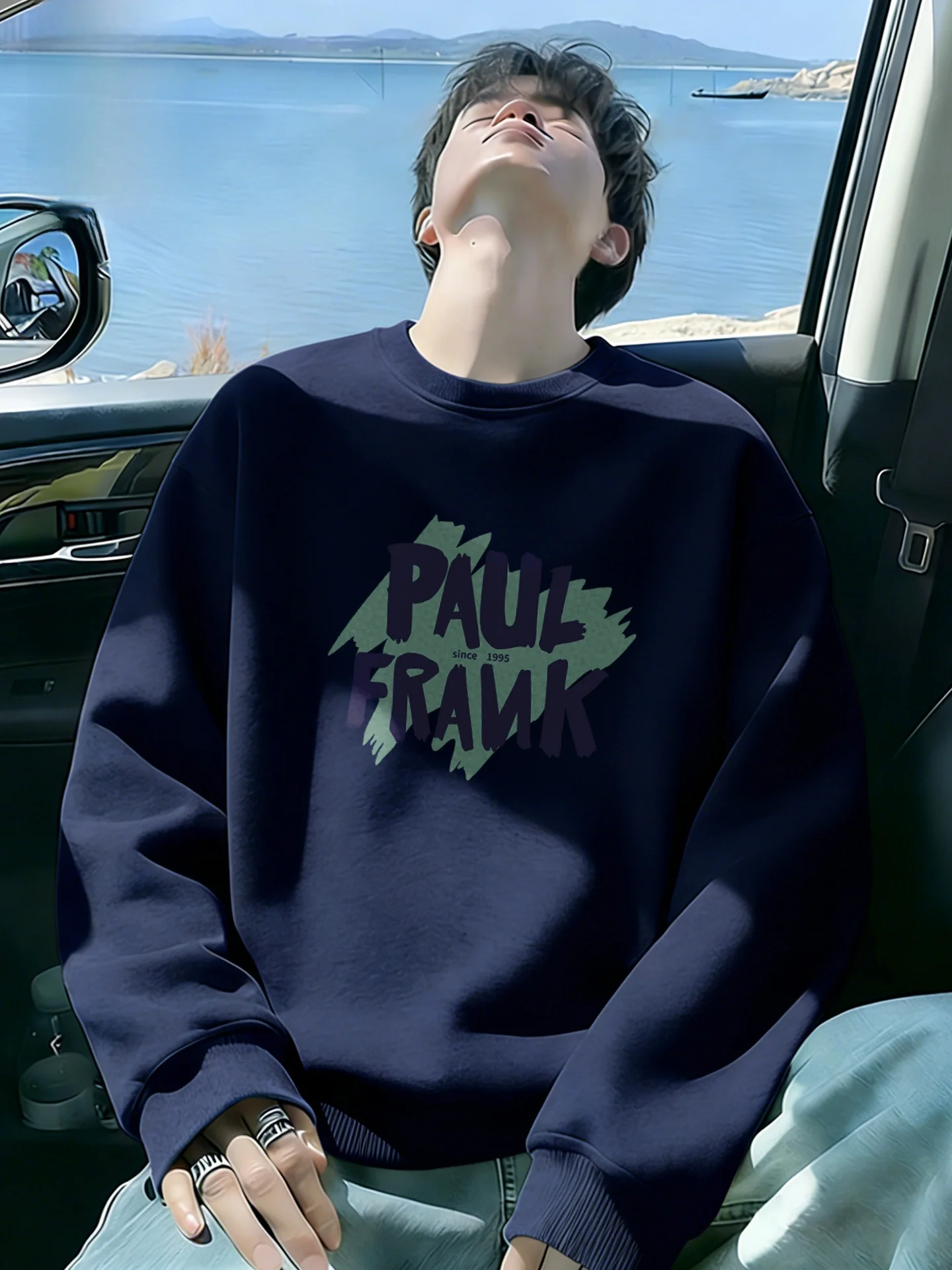 

M Hoodie round Ne Long Sve k Blue Monkey Print Cotton Polyester Blend Casual Spring Outerwear