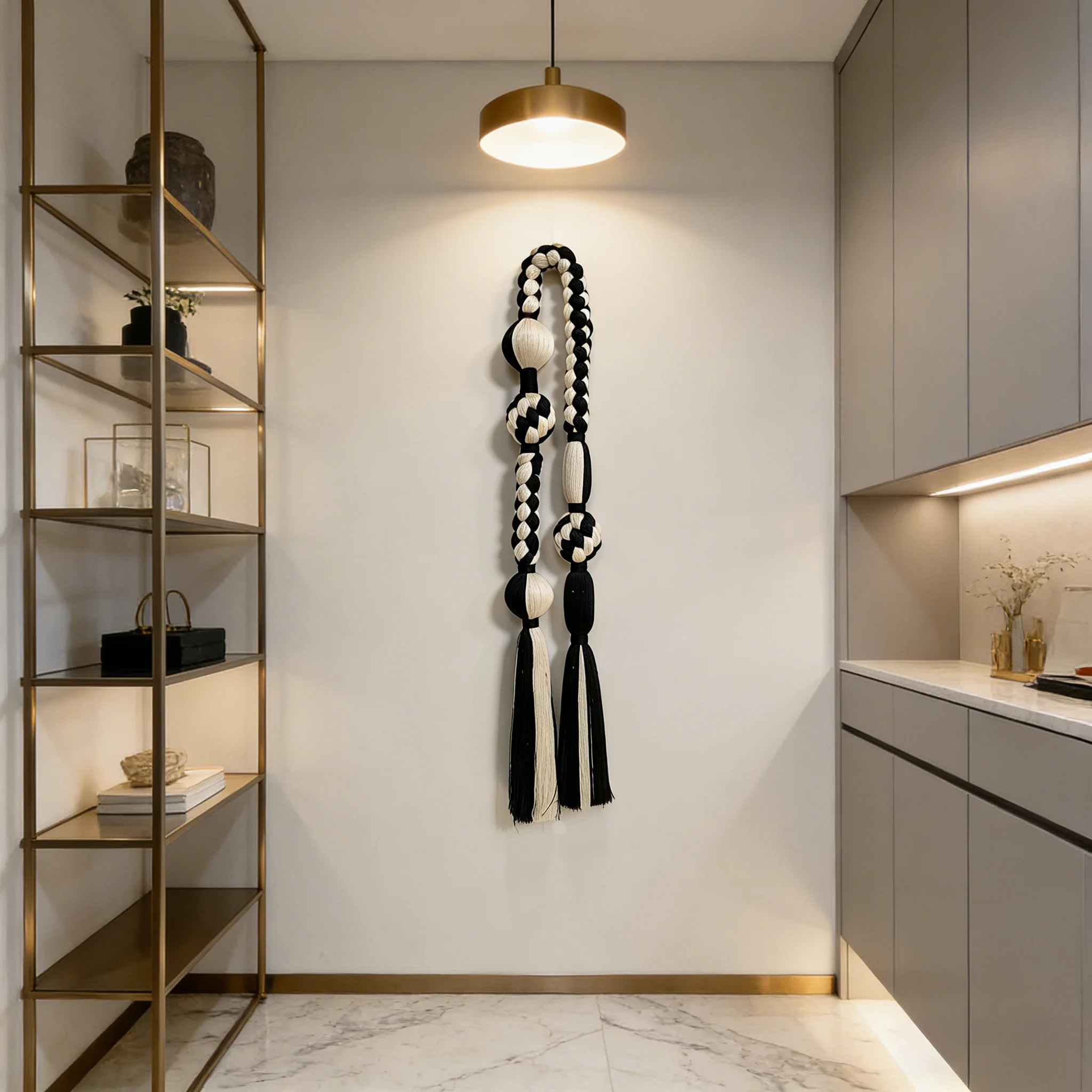 Handcrafted Black and White Knot Tassel Bubble Tapestry Macrame Wall Hanging Decor Art Home Decor for Dining Room