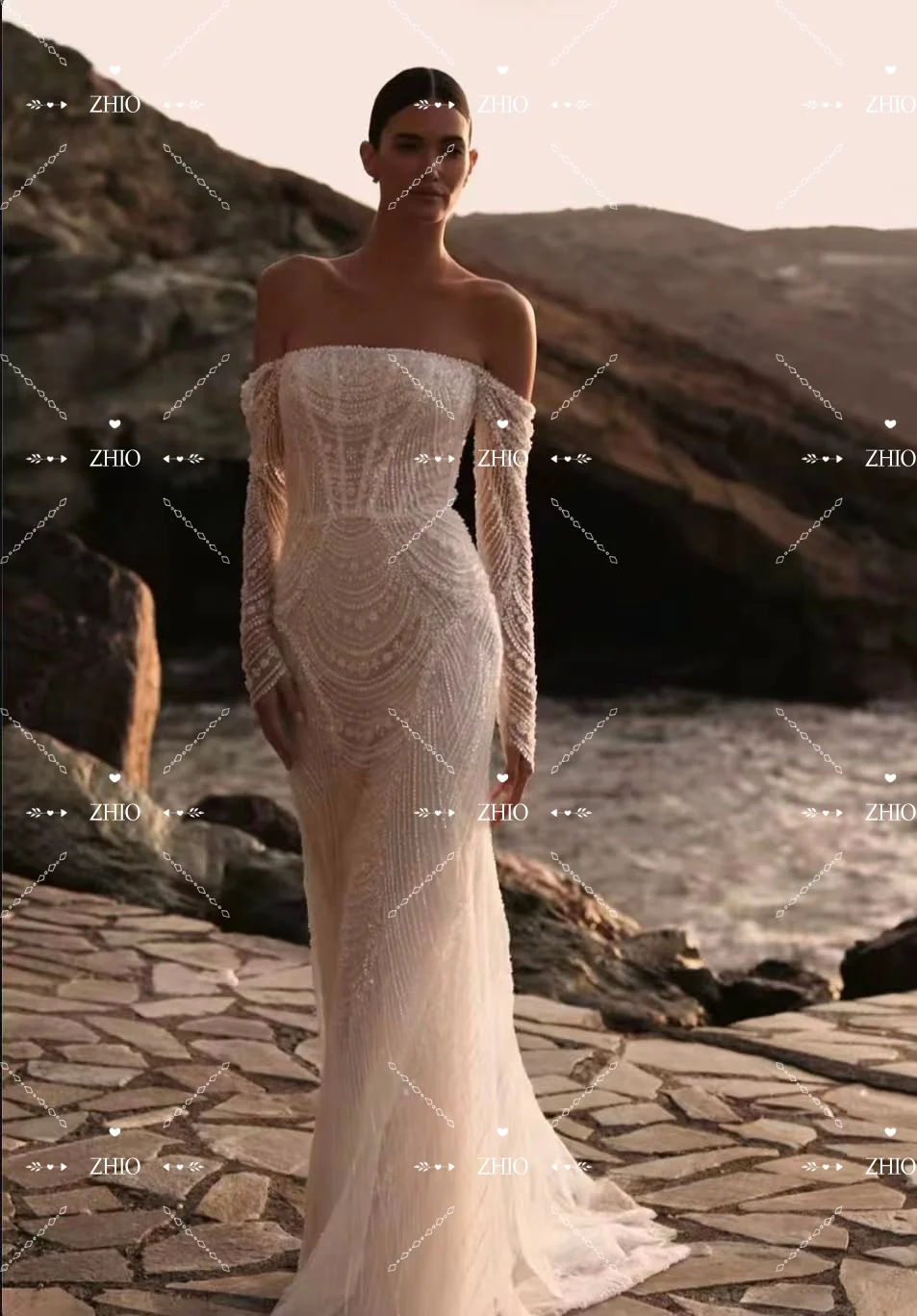 Zhi modesto beading marfim rendas vestidos de casamento fora do ombro sereia trem varredura vestido de noiva personalizado novo 2026 para noiva luxo