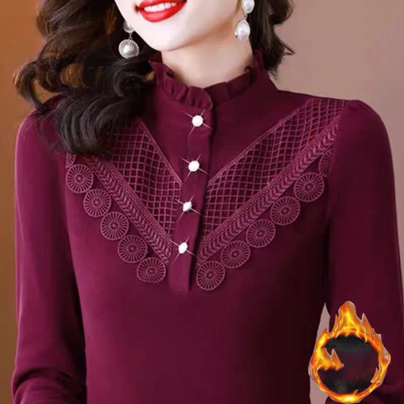 Elegant Ruffled Neck Spliced Embroidery Lace Blouses Women Clothing 2024 Autumn Winter New Loose All-match Tops Chic Warm Shirts