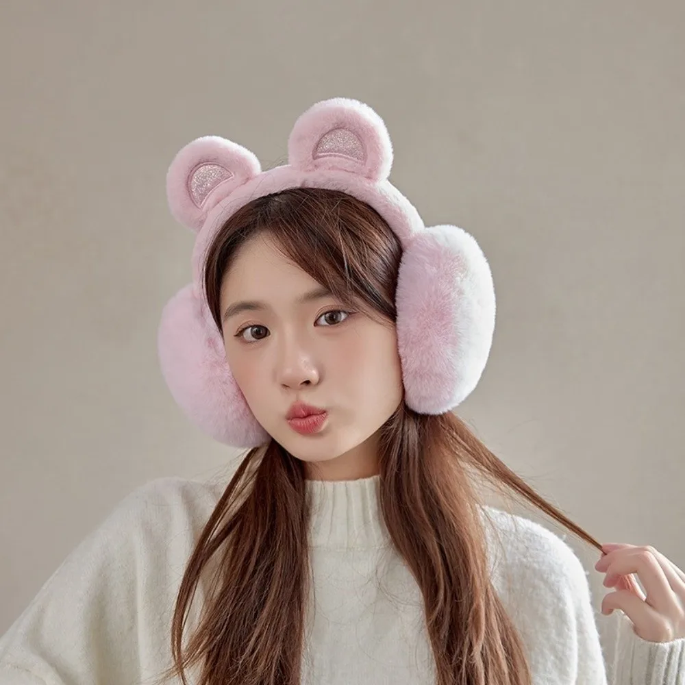かわいいぬいぐるみスパンコールクマ耳イヤーマフ凍結防止厚みのあるイヤーウォーマー保温折りたたみ式イヤーカバー女性女の子用
