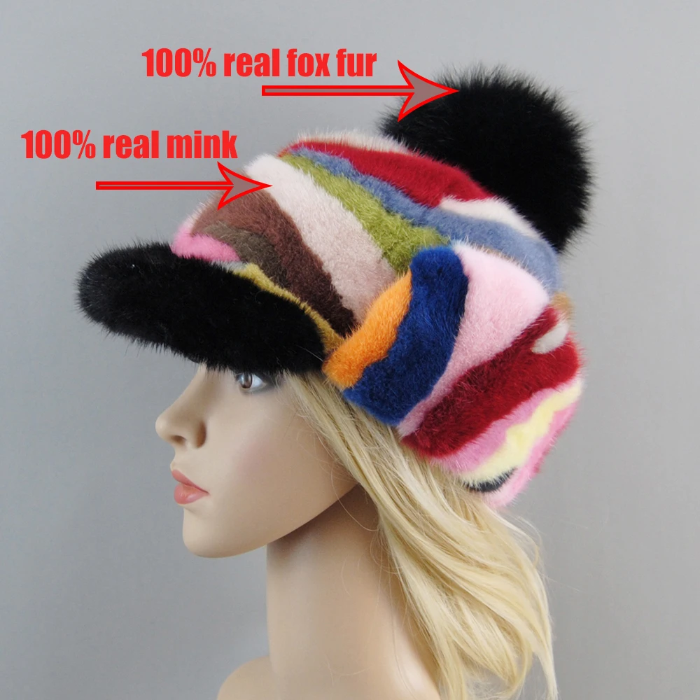 2024 New Arrival Women Fashion Colorful Real Fur Hats Ladies Winter Warm Natural Mink Fur Hat Girl Fox Fur Pompoms Bomber Caps