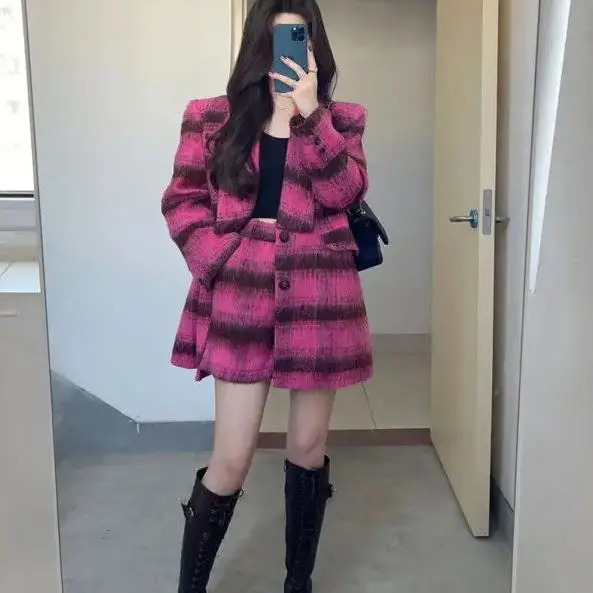 Two-Piece Small Fragrance Retro Plaid Suit Jacket High Waist Shorts Women Autumn Winter New Loose Niche Design Long Sleeve Suit