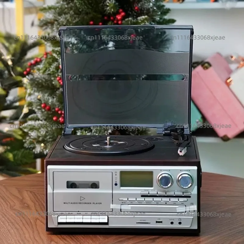 All-in-1 Vintage Turntable: LP/CD/Cassette/USB/SD Player, BT Speaker, FM/AM Radio & Tape-to-MP3 Vinyl Record Player