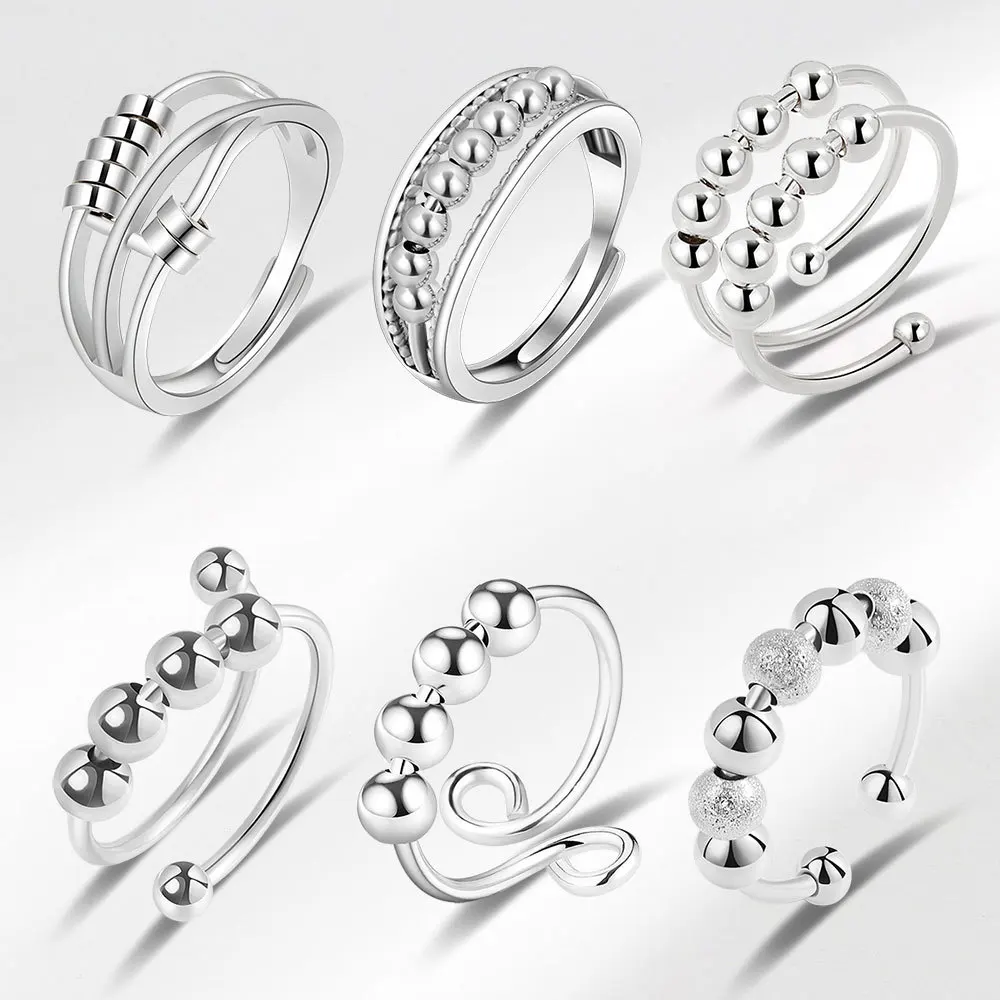 Sam Panda 925 Sterling Silver Relieve Rotating Beads Ring For Women Gift Irregular Punk Adjustable Jewelry Dropshipping