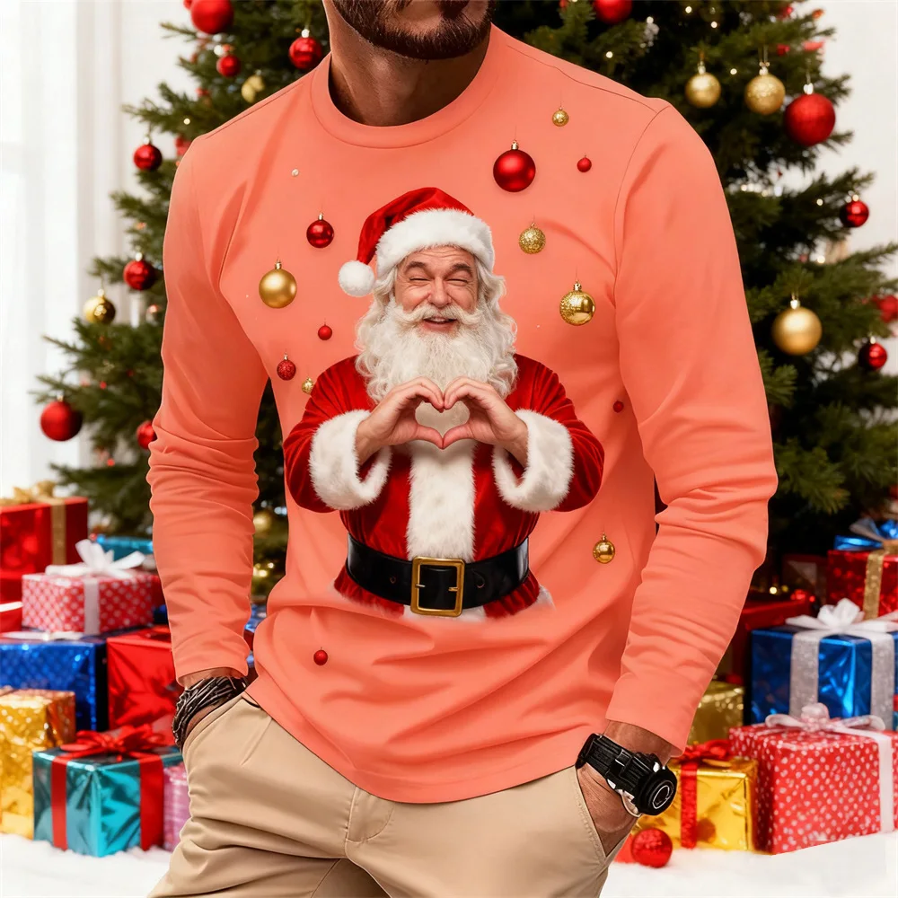 New Fun Santa Claus Design Comfortable Long-Sleeve T-Shirt Santa Claus Pattern Men's Casual Crew Neck Loose-Fit Breathable Top