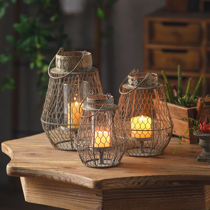 Vintage Metal & Glass Candle Lantern with Handle, Rustic Farmhouse Hanging Lantern, Decorative Indoor Outdoor Candle Holder