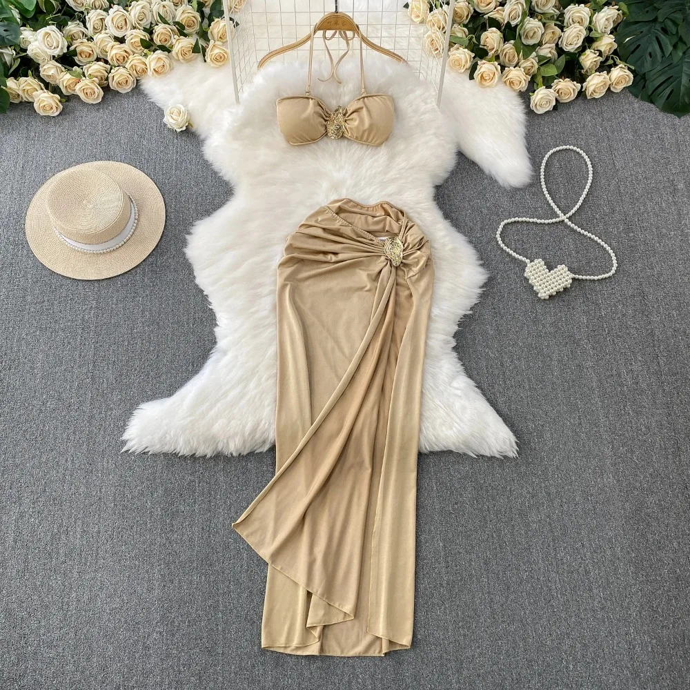 Women Summer halter split backless sleeveless Fashion Set Strap Top hotsweet Casual Two Piece Set