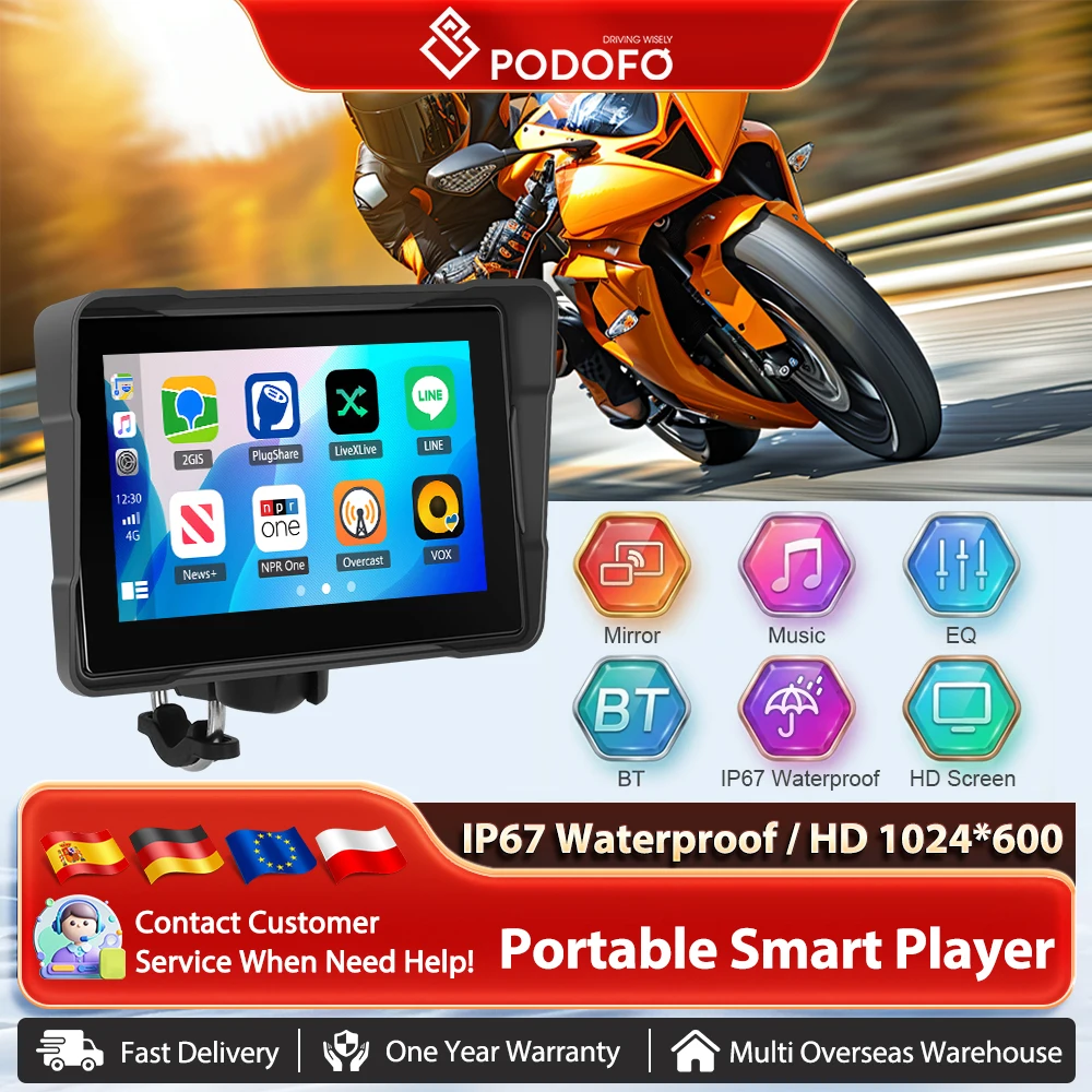 Podofo 5/7'' Carplay Android Auto Motorrad Multimedia Player GP Navigation Monitor DVR BT EQ Wasserdichte Airplay Moto Monitor