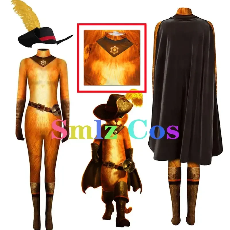 Der gestiefelte Kater Cosplay Der gestickte Overall Kostüm Erwachsene Kinder Body Umhang Hut Halloween Party Leistung Zentai Set