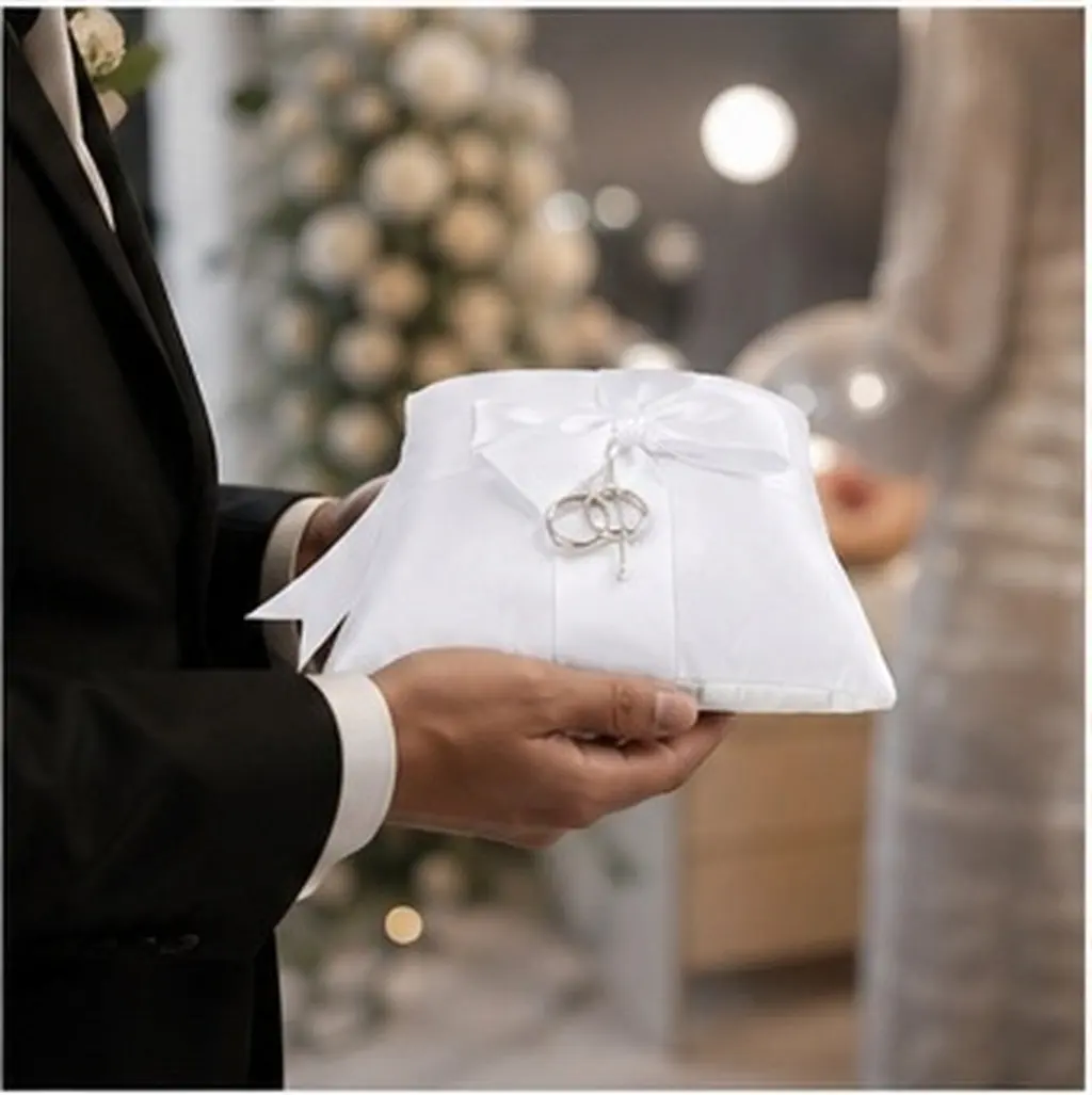 結婚指輪用の枕（リボン付き）–-結婚式、婚約、パーティーの装飾に最適な、上品な指輪を置くためのクッション。