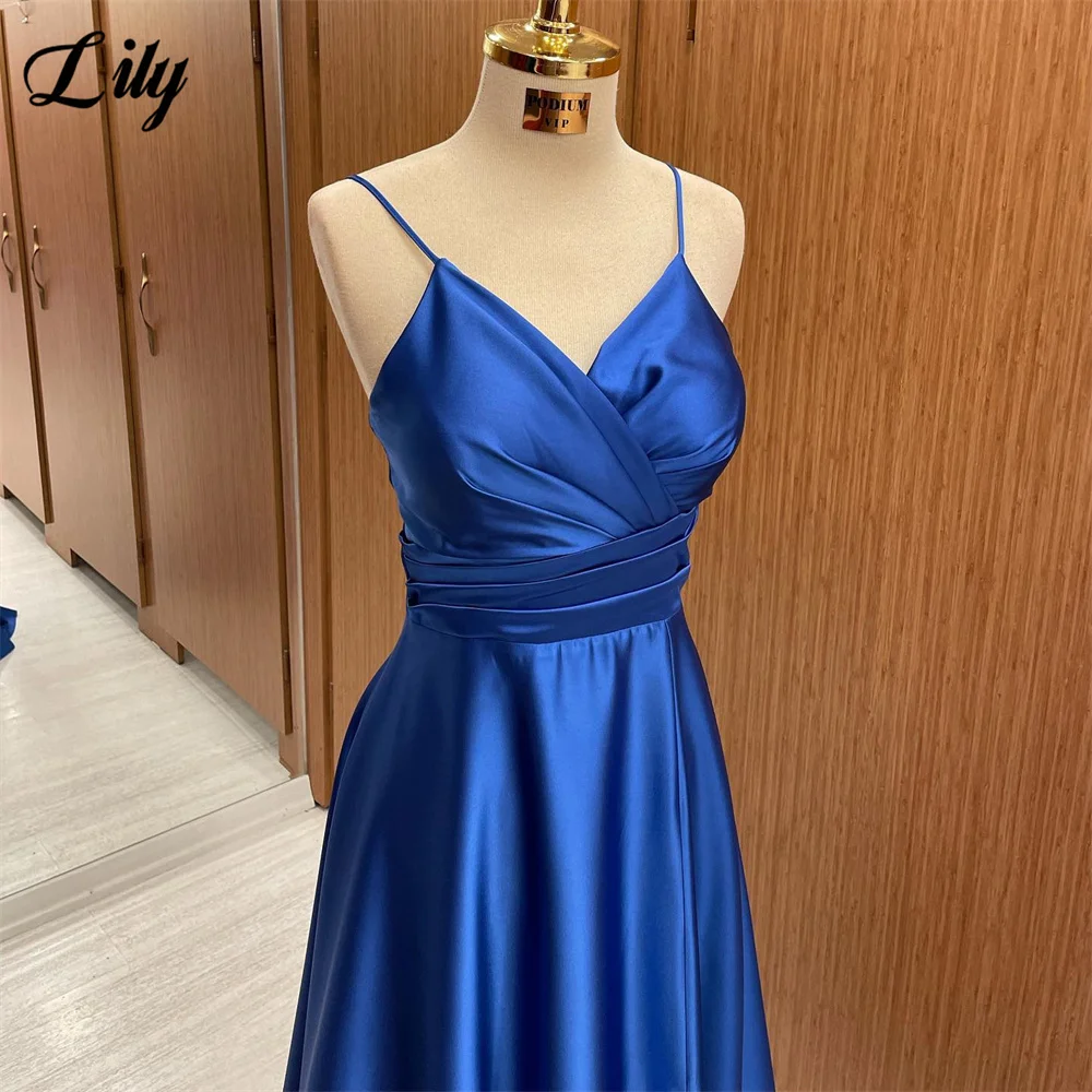 Lily Royal Blue Evening Dress Sexy Spaghetti Straps Prom Dress Sweetheart A-Line Satin Party Dress With Pleats Robe De Soirรฉe