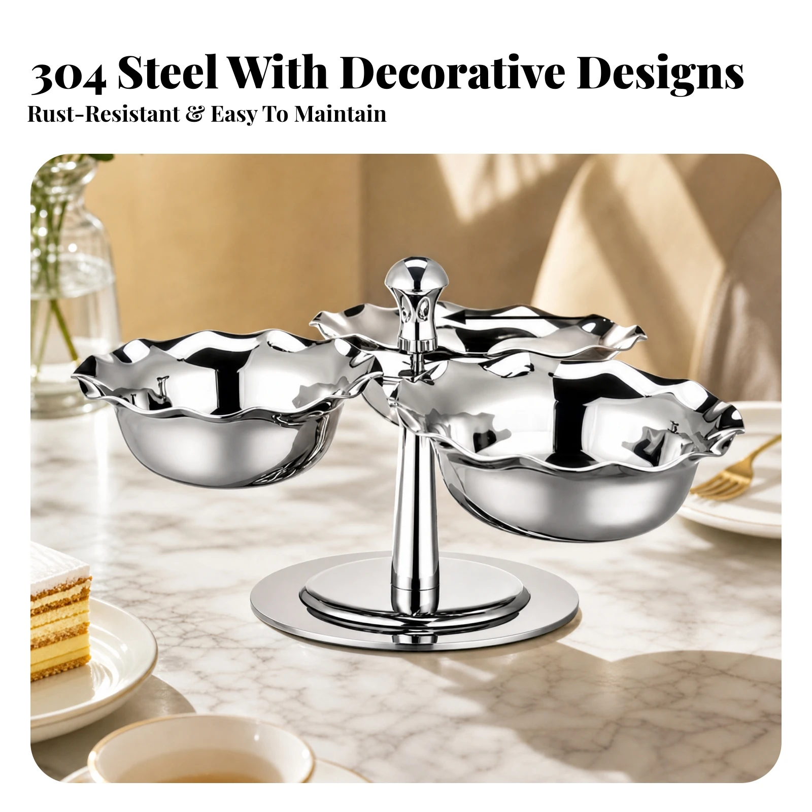 Stainless Steel Rotating Dessert Stand Polished Rotating Serving Stand with Bowl Compartments Round Smooth Edge