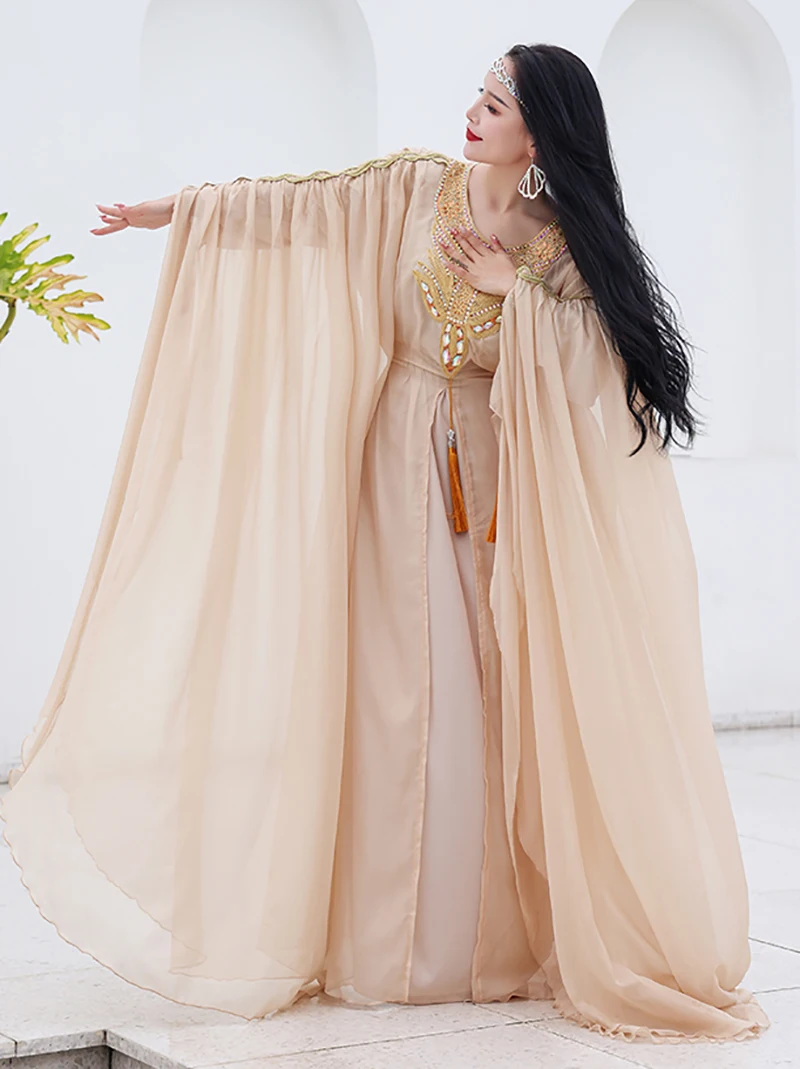 Dames Volwassen Saidi Dance Dress Side Split Robe Buik Performance Team Jurk Wedstrijd Kostuum Training Rave Outfits Danskleding