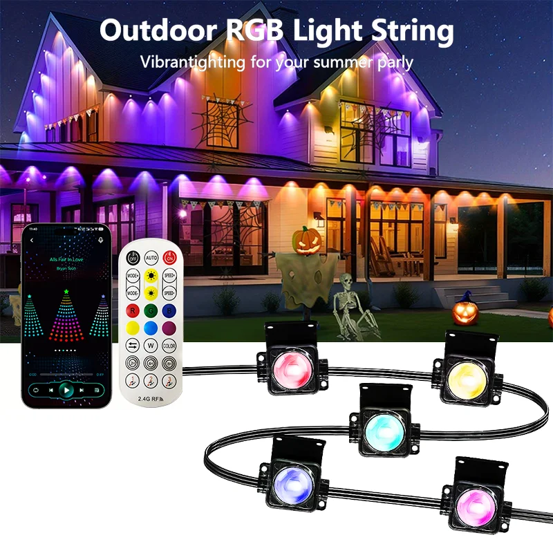 RGB DIY Waterproof Bulbs, 5-Meter Customizable LED String Lights, Colorful Permanent Outdoor Eave Lights for Christmas Displays。