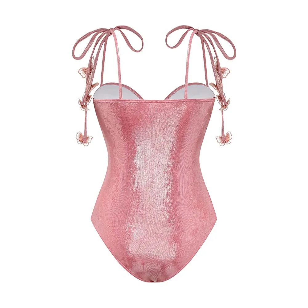 2024 traje de baño de una pieza con mariposa bordada brillante rosa y falda dividida, traje de baño Push Up, Monokini, traje de baño