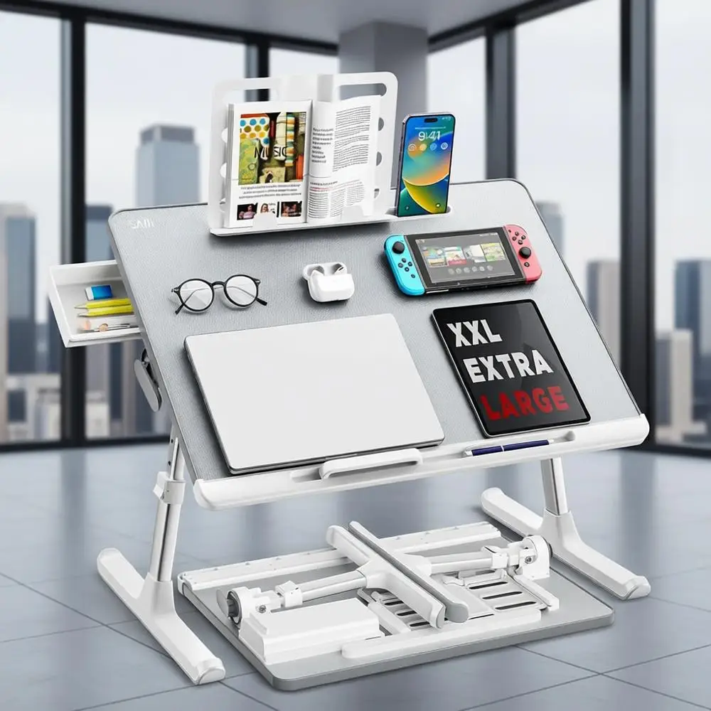 

Adjustable Multi-Function Lap Desk with Bookstand and Tablet Slot for Comfortable Eating, Working, Writing, and Gaming (Light Gr