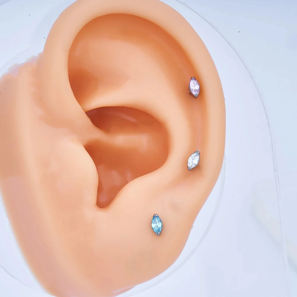 Solid Titanium Marquise Labret Lip Piercing Opal CZ Earring