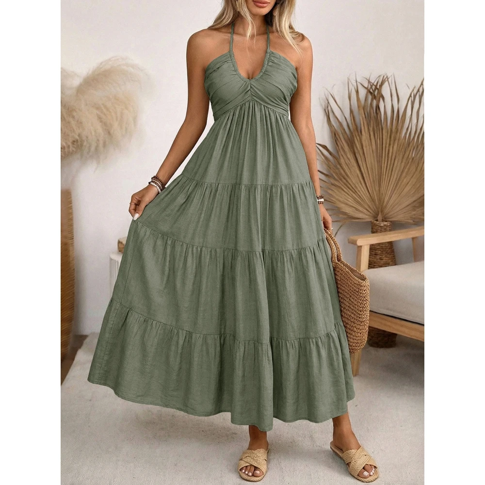 

Women's Summer Halter Maxi Dress V Neck Tiered Ruffle A-Line Flowy Casual Beach Sundress Solid Green Bohemian Party Long Dress