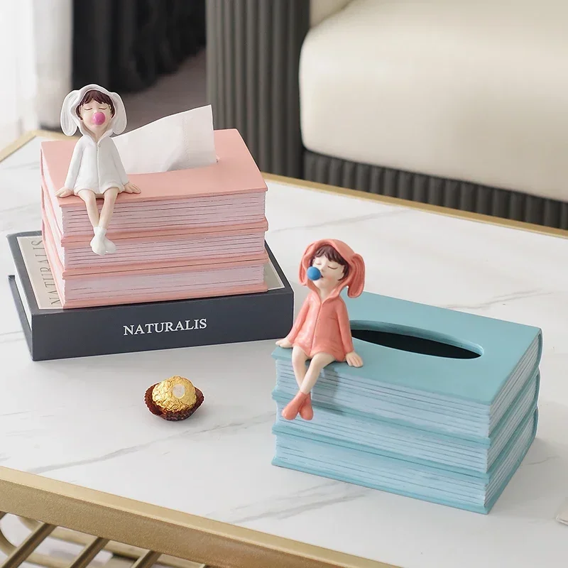 

Modern Home decoration girl book Figurine creative living room table girl resin statue tissue box pumping box luxury ornaments