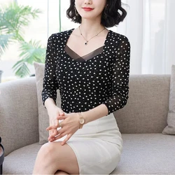 New Spring and Autumn Women's Style Square Collar Long Sleeve Slim Thin Gauze Printed Pullovers Trendy Commute All-match Tops