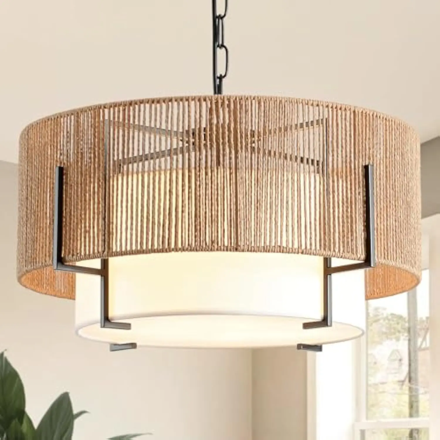 

4-Light Rattan Chandelier, 19.7 Boho Pendant Light with Fabric Shade, Farmhouse Rattan Hanging Ceiling Light Fixture for Dining