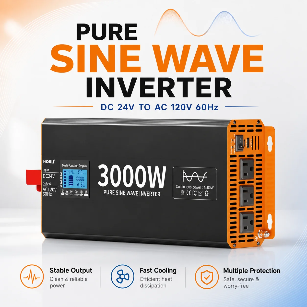 HOULI 24V to 120V Pure Sine Wave Inverter DC to AC Power Converter for RV Truck Camper Solar Off Grid Backup Power