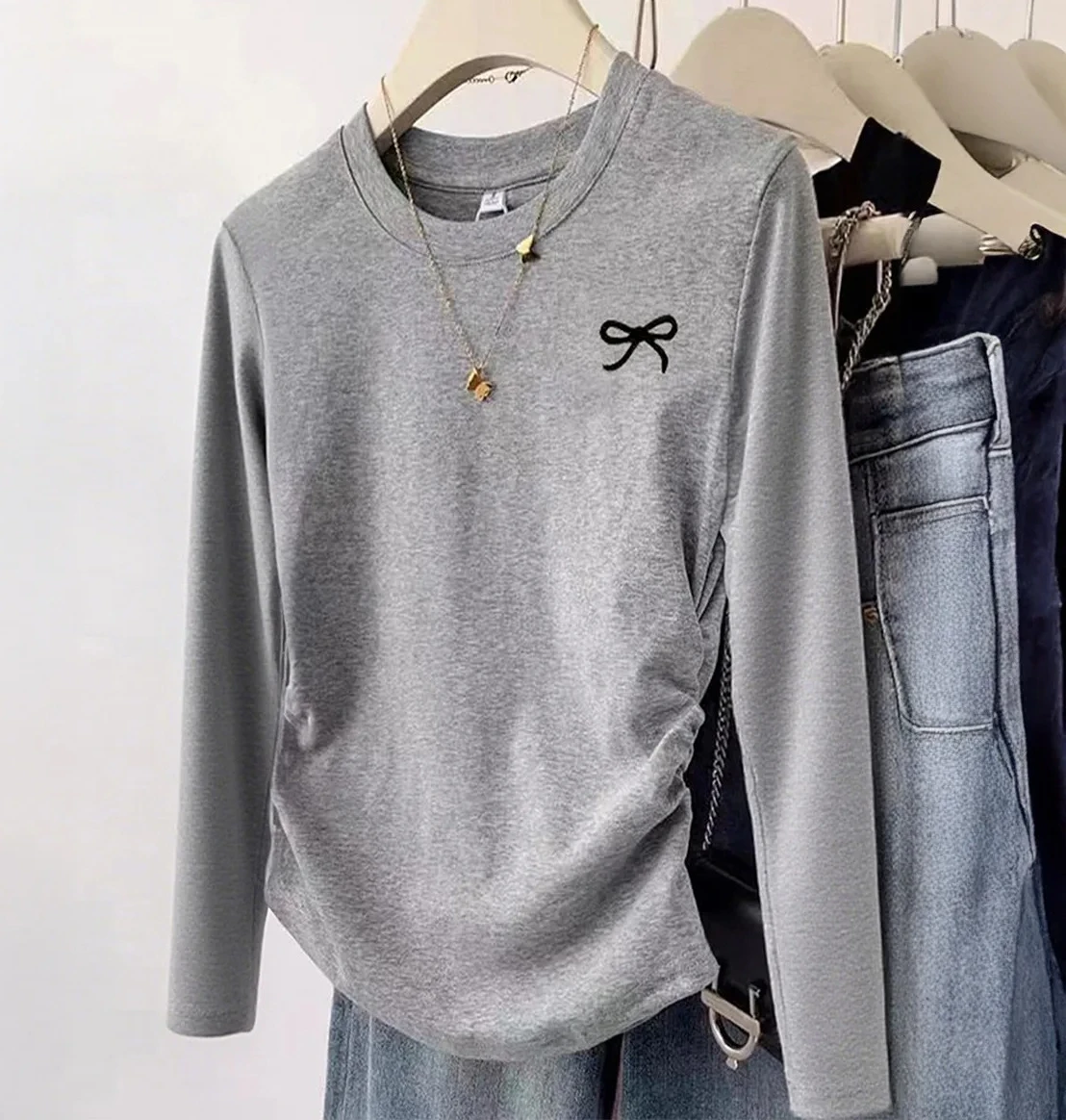 

European American Simple Vacation Solid Color Long-sleeved Sweater T-shirt Women's Clothing