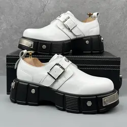 2025 New White Slip-on Niche Platform Tilta Punk Derby Men's Height Increasing Round Toe Leather High Street Big Head Shoes