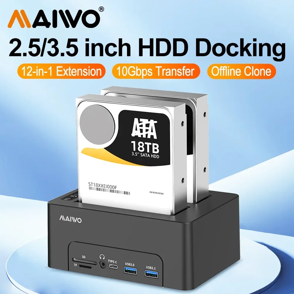 

Док-станция для жестких дисков MAIWO, SATA на USB 3,1 Gen2, адаптер для клонирования в два отсека с RJ45 SD/TF на 2,5/3,5 дюйма