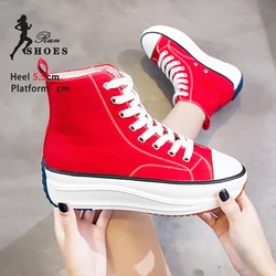 Fashion Girl Thick Platform Sneakers Spring Autumn Lace-up High Top Casual Woman Shoe 5.5CM Thick Bottom Canvas Shoes Size 35