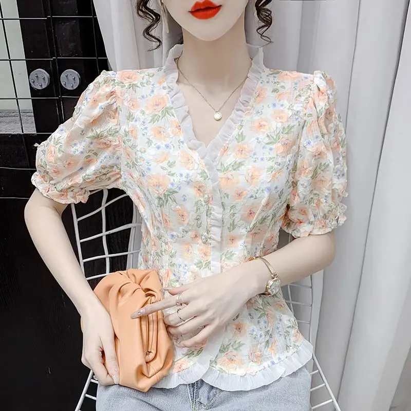 Korean Fashion Single-breasted Blouse 2023 Summer Ruffles Casual Broken Flower Printed Female Elegant V-Neck Gauze Spliced Shirt