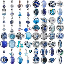 2024 Summer Blue Stone Enamel Diy Bead Fit Original Bracelet Charms Silver Plated 925  Women Mom  Charms Jewelry Accessories