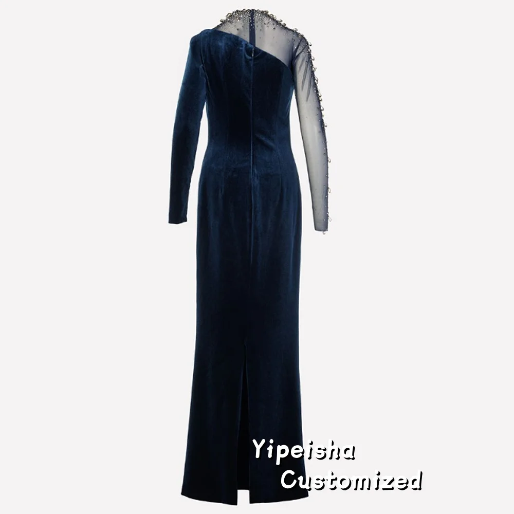 Customized Velour Long Slevees Round Neck Evening Dress Crystals Beading Floor Length Special Occasion Saudi Prom Gown