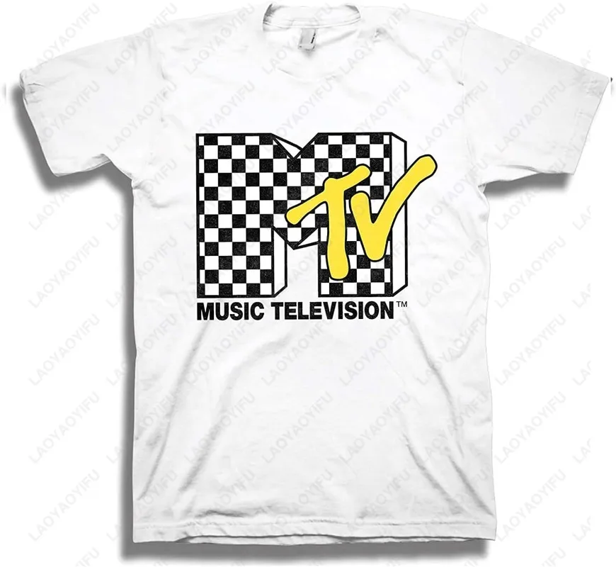 MTV Herren-Baumwollhemd mit Schachbrettmuster, Retro-TBT, Herren-Kleidung aus den 1980er und 1990er Jahren, schlichter Stil, „I Want My Music“, Fernseh-T-Shirt