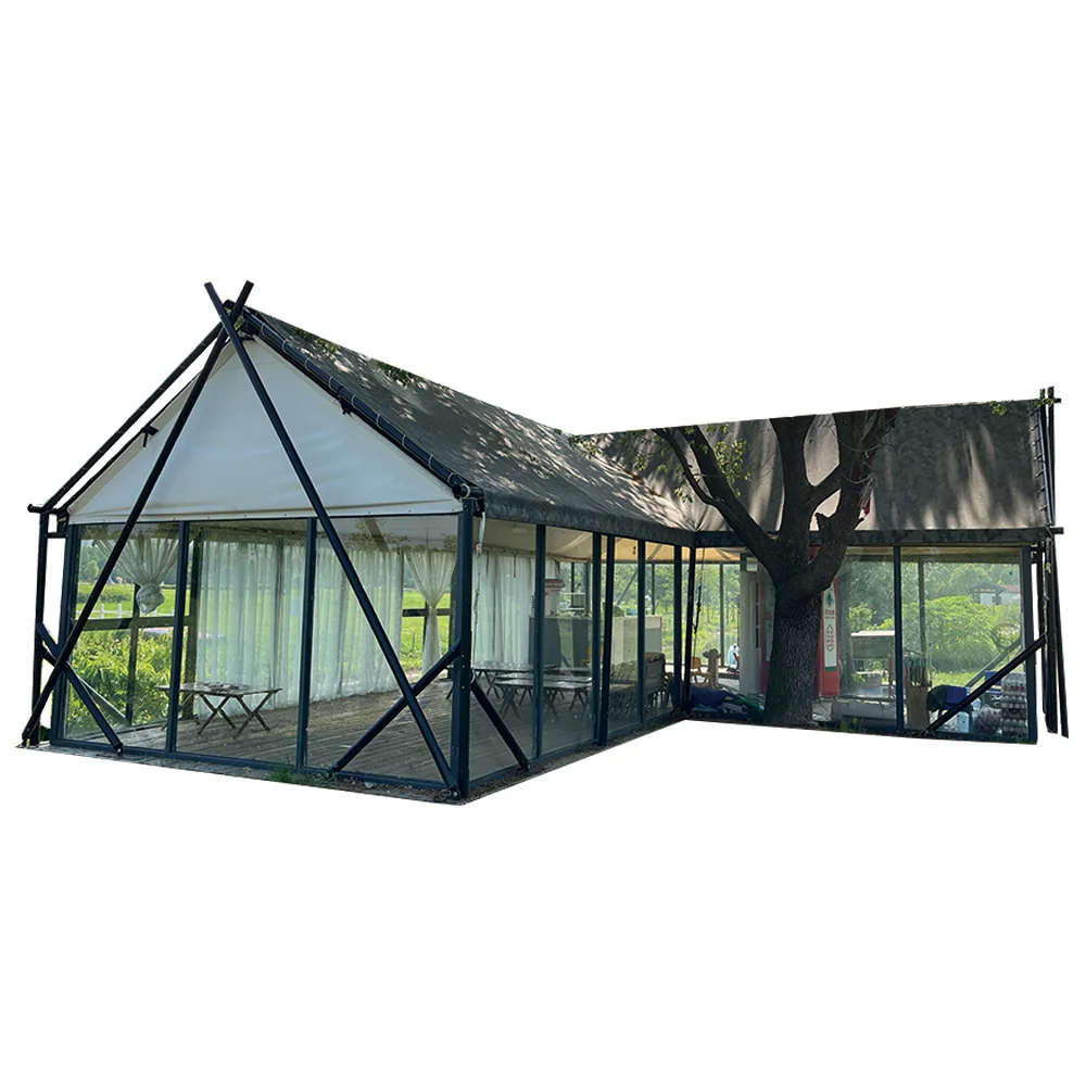 hg-Luxury Desert Camping Glamping T-shaped Safari House Shaped Glass Waterproof Fireproof Windproof Large Capacity Resort Tent#