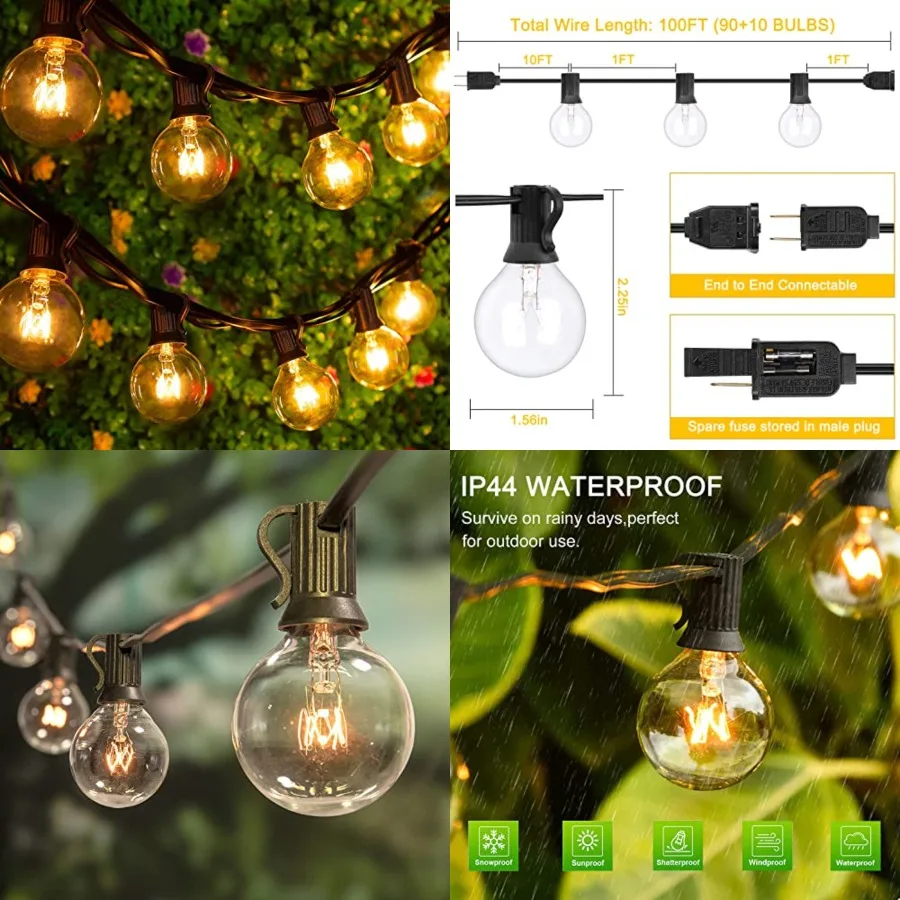 

Outdoor String Lights, 100Feet G40 Globe Patio Lights Waterproof with 100 Warm Bulbs, Connectable Hanging Backyard Light for Ou