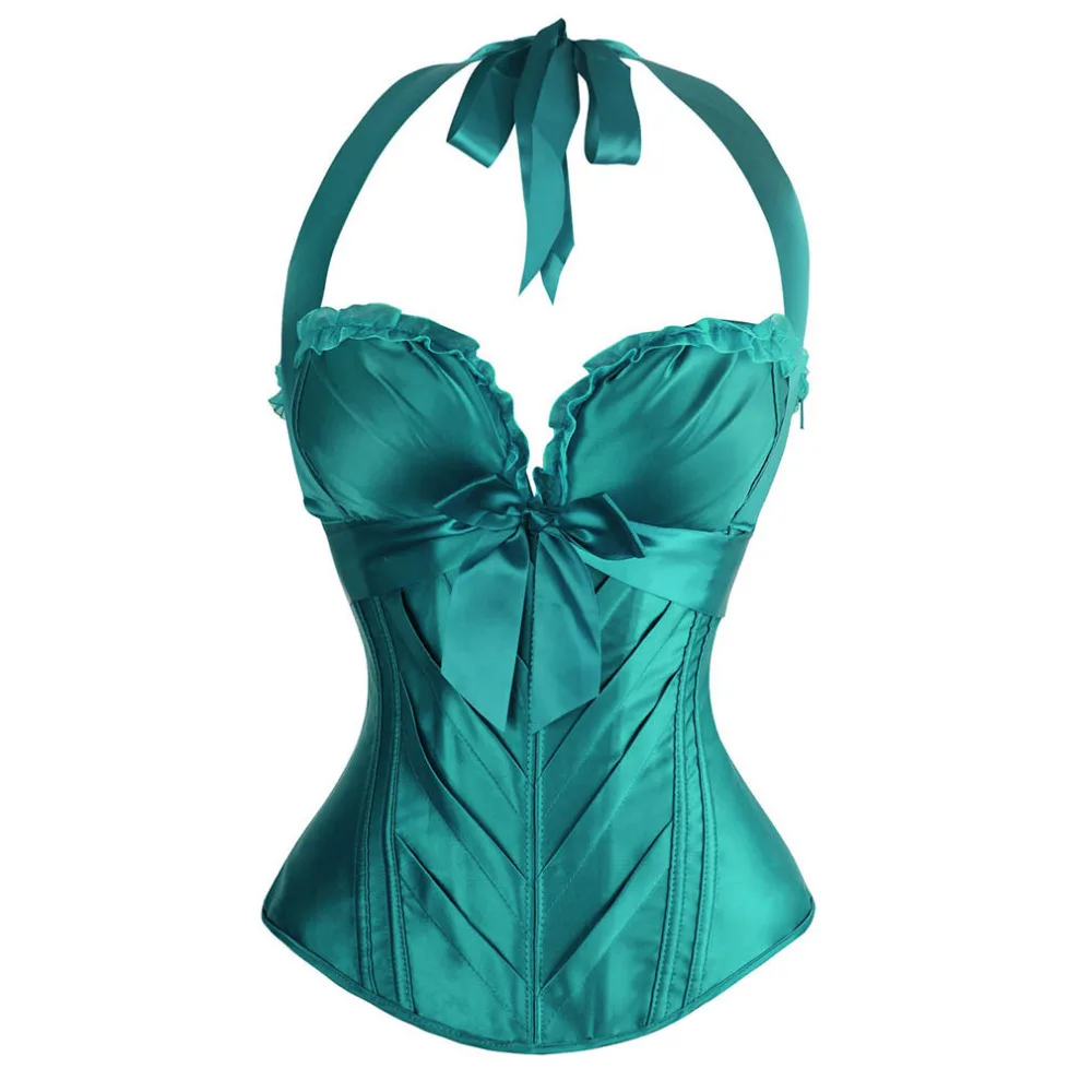 Straps Halter Corset Bustier with Side Zip Lace Up Trim Satin Corsets Gothic Sexy Overbust Corselet Ladies Shaper Top Plus Size