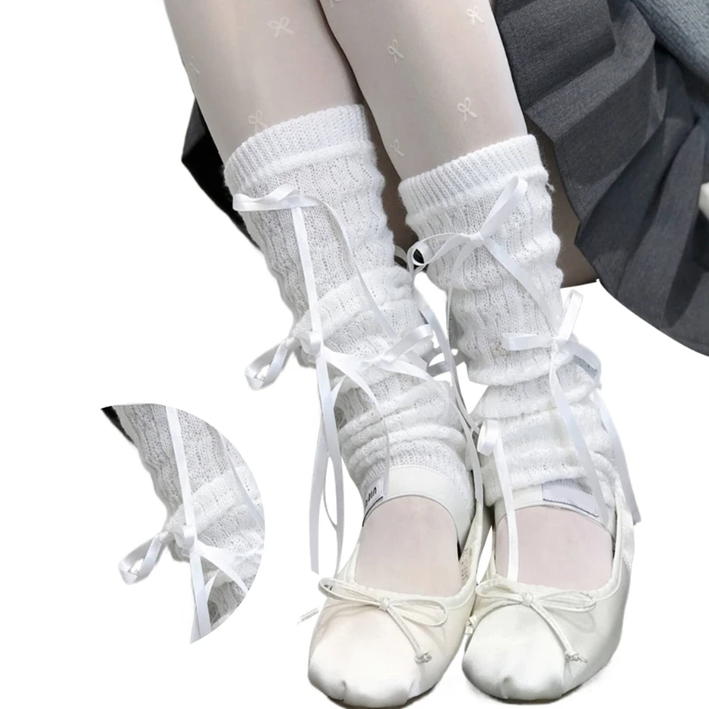 Ballet Women Ribbed Knit Stretch Leg Warmer Ribbon Bowknot Leg Cover Socks Dropsale