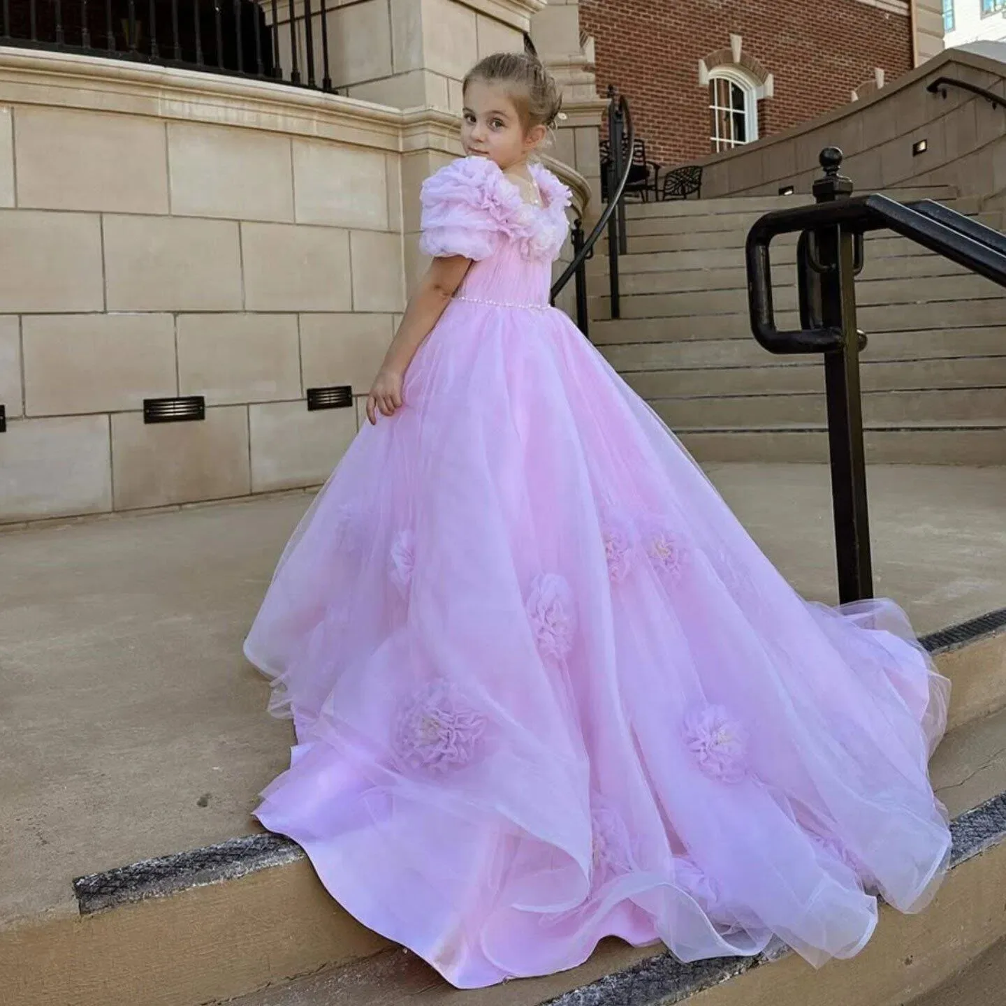 Customized Light Luxury Mesh Flower Girl Dress One-shoulder Diamond Beaded Waist Three-dimensional Floral Tail Princess Dress