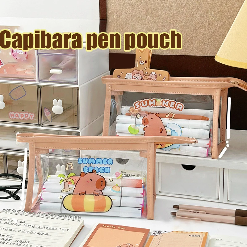 Cartoon Cute Transparent Pencil Bags Large Capacity Pencil Case Triangle Cosmetic Bag Stationery Office Supplies Student Gifts