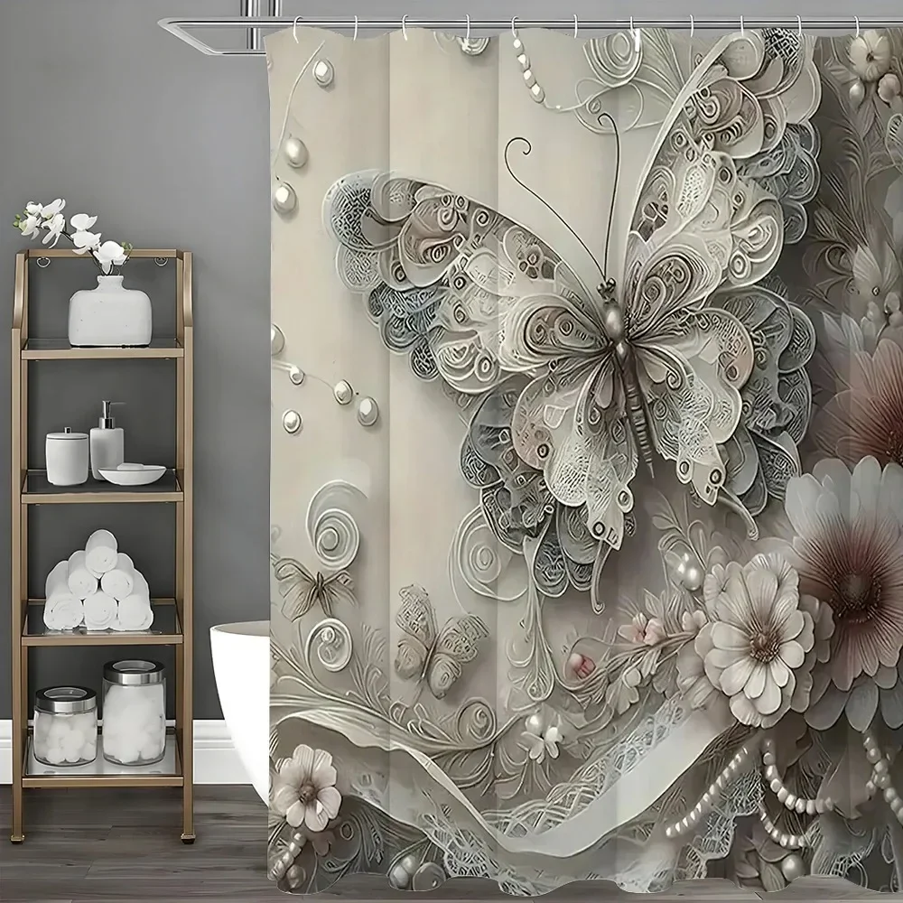 Shallow Embossed Art Butterfly Flower Shower Curtain, Bathroom Decorative Shower Curtain, Waterproof Shower Curtain with Hooks