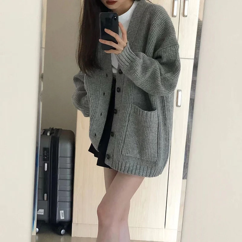 Rimocy Autumn Winter Gray Knitting Cardigan Women Korean Fashion Long Sleeve Loose Cardigan Coat Woman V Neck Button Up Sweaters