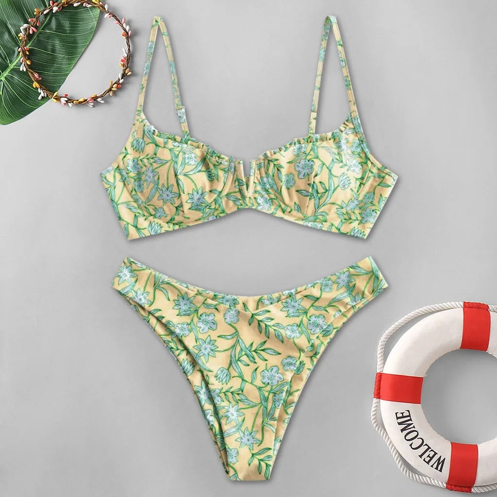 

Women'S V Neck High Cut Flower Print Bikini Swimsuit Two Pieces Beachwear Swimwears Tankinis Set Seaside Bra And Shorts