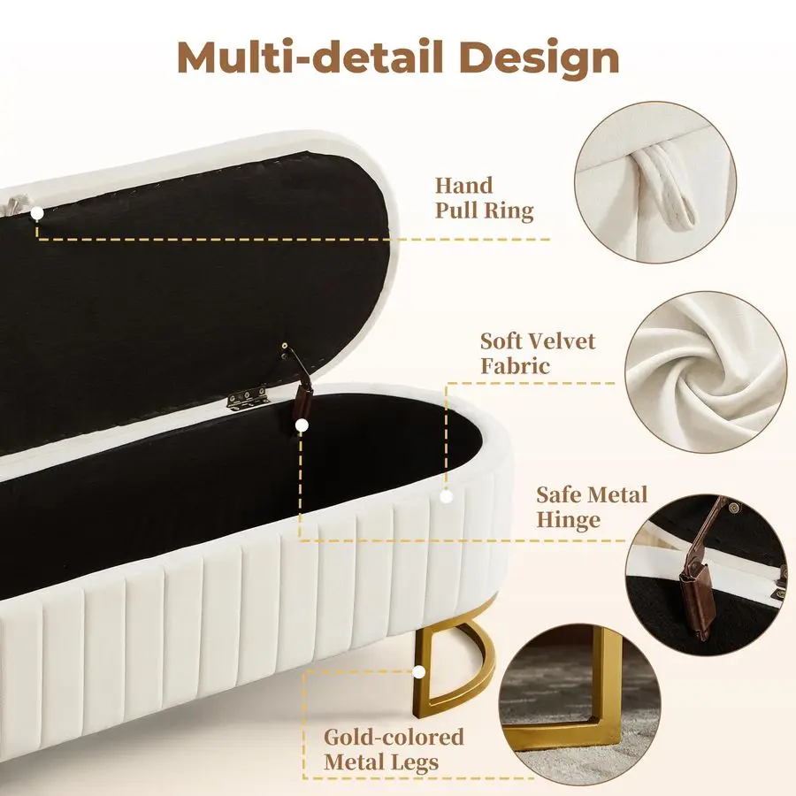 Banc ottoman, 63 bancs d'extrémité de lit en velours, banc de chambre à coucher King Size avec pieds en métal doré, banc de rangement rembourré pour chambre à coucher