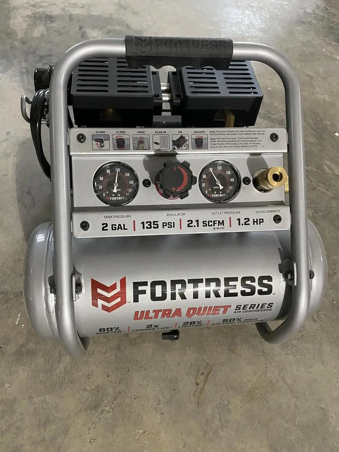 2 Gallon Portable Air Compressor 135 Psi Ultra Quiet Oil Free Pump Hand Carry Jobsite Compressor