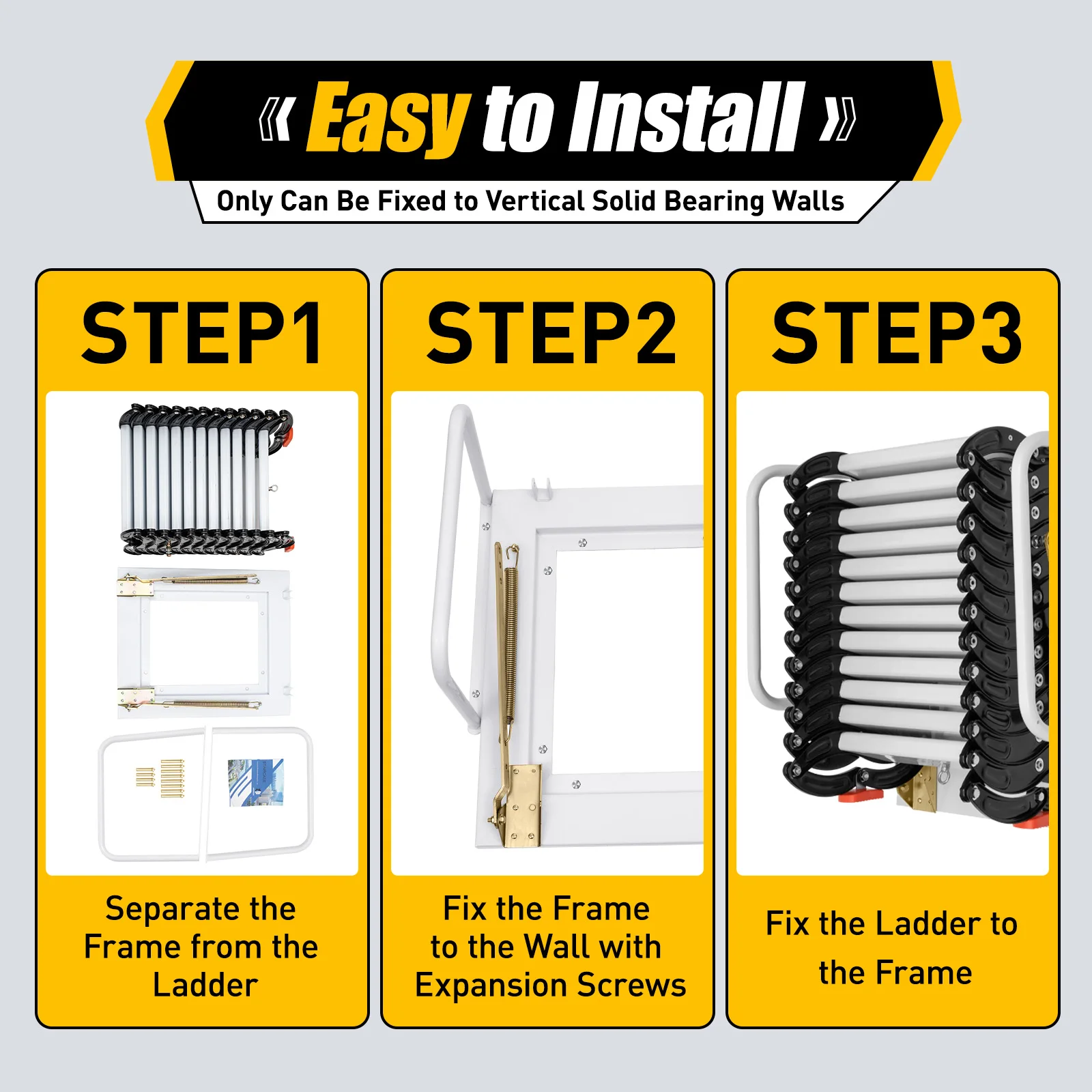 Folding Attic Ladder Wall-Mounted 12 Steps 2 Safe Handrail Durable Black White Anti-Slip for Attics, Garages, Roofs