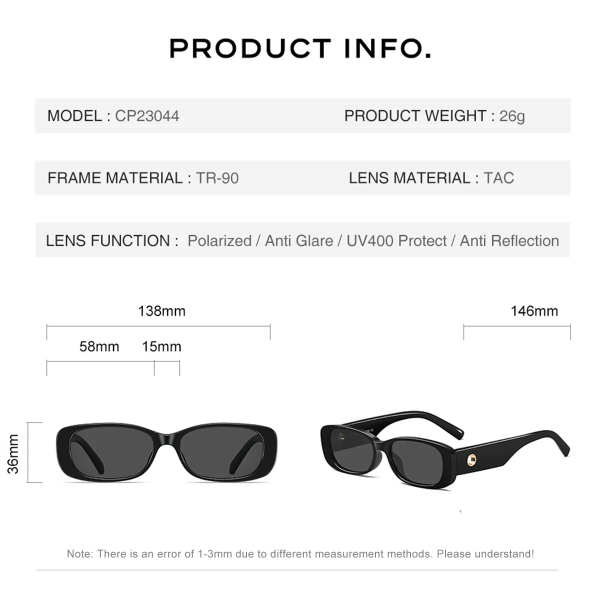 CAPONI Polarized Women Sunglasses Fashion Square TR-90 Outdoor Vintage Design High Quality Sun Glasses UV400 Black Shade CP23044